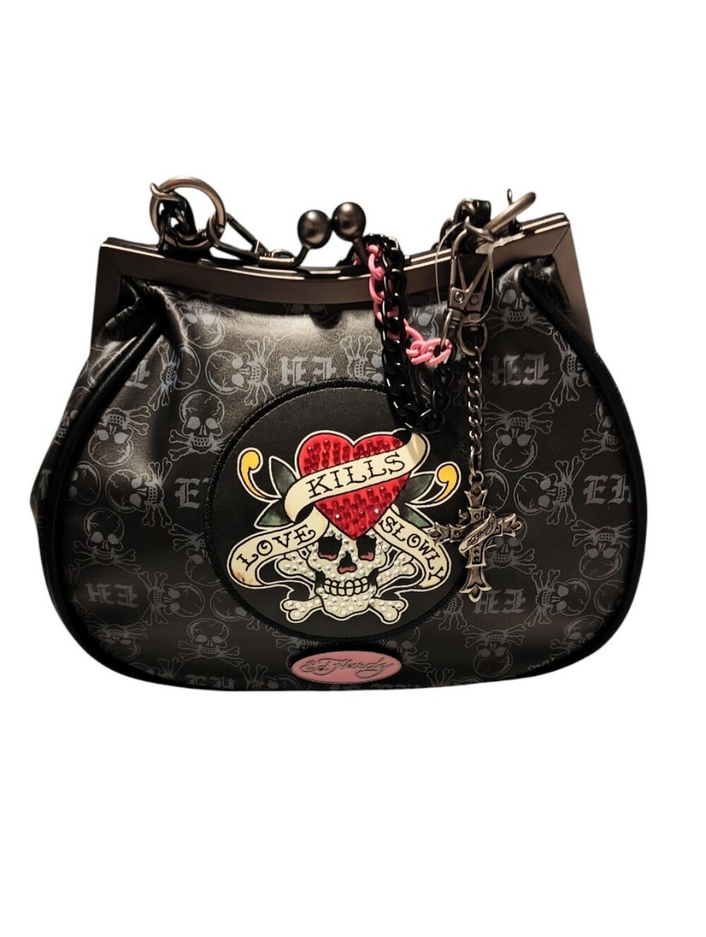 Ed Hardy Black Grunge Skull Rhinestone Flapper Snap Purse & Silver Cross Charm